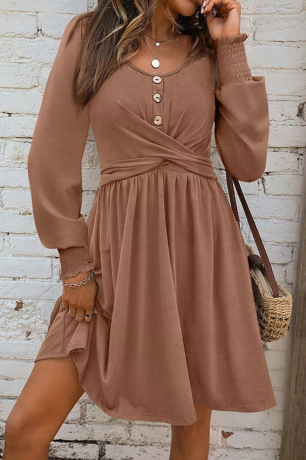 modern mini dress in Dark Gray with round neck
