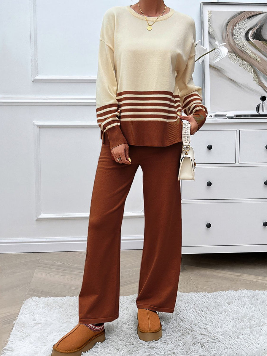Color-blocked knit lounge set with tan and brown stripes on sweater and brown pants.