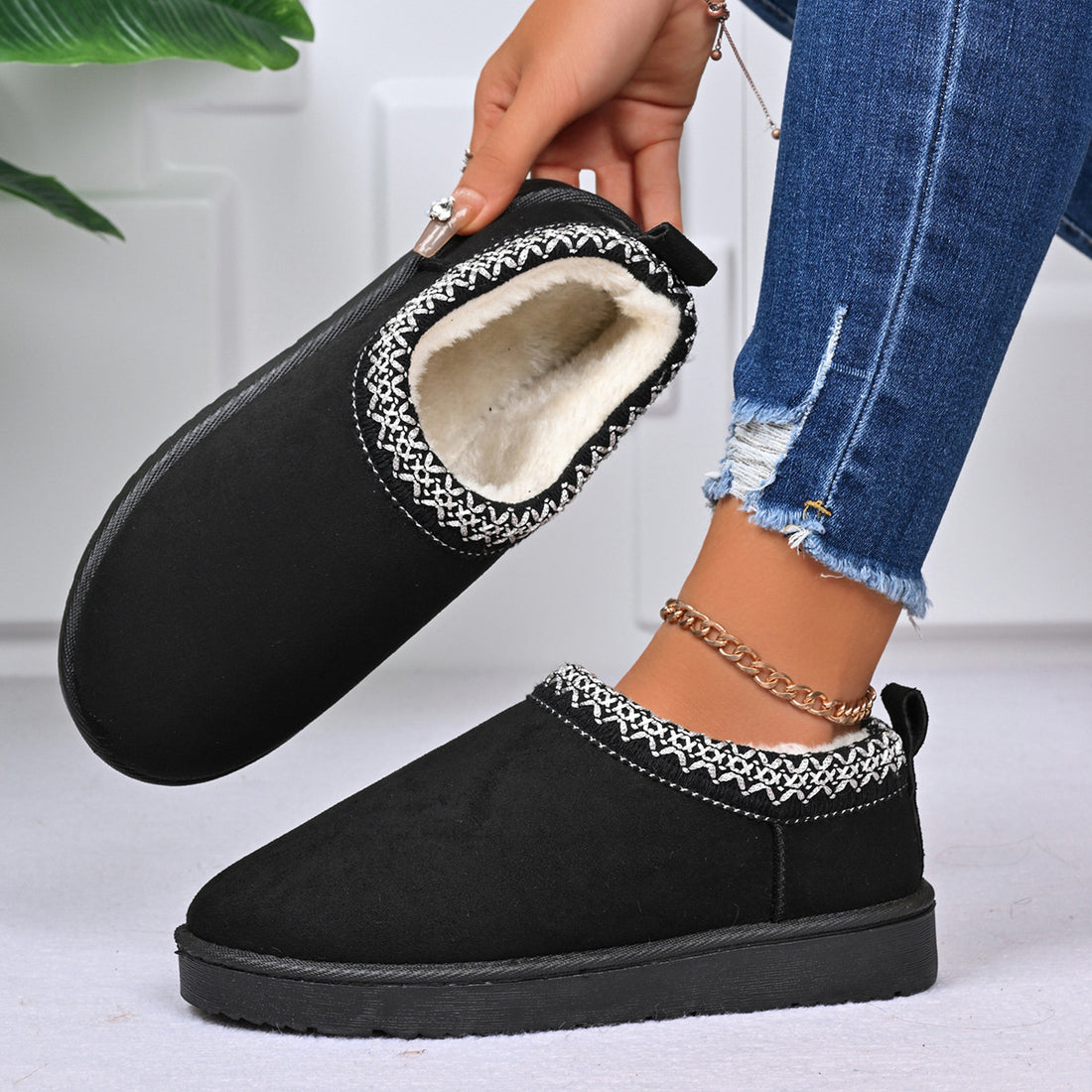 black Polyester,Fluff,Rubber Imported Size &amp ankle boots with geometric and slip-on