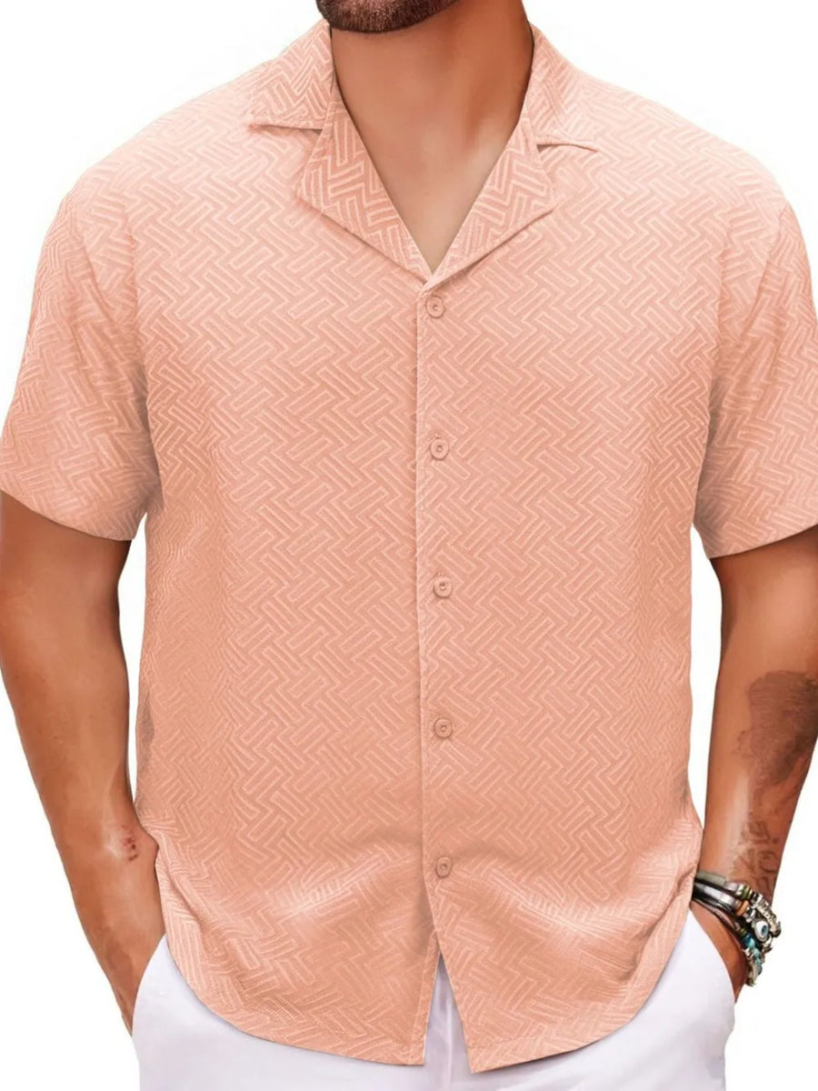Textured resort collar shirt in Pale Blush with a geometric pattern and button front.