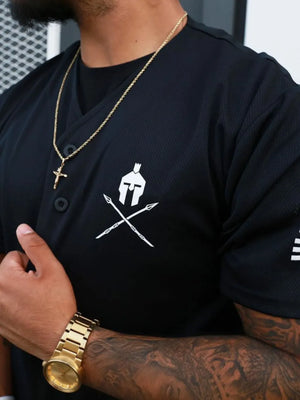 Black baseball jersey with white graphic detail on chest and sleeve.