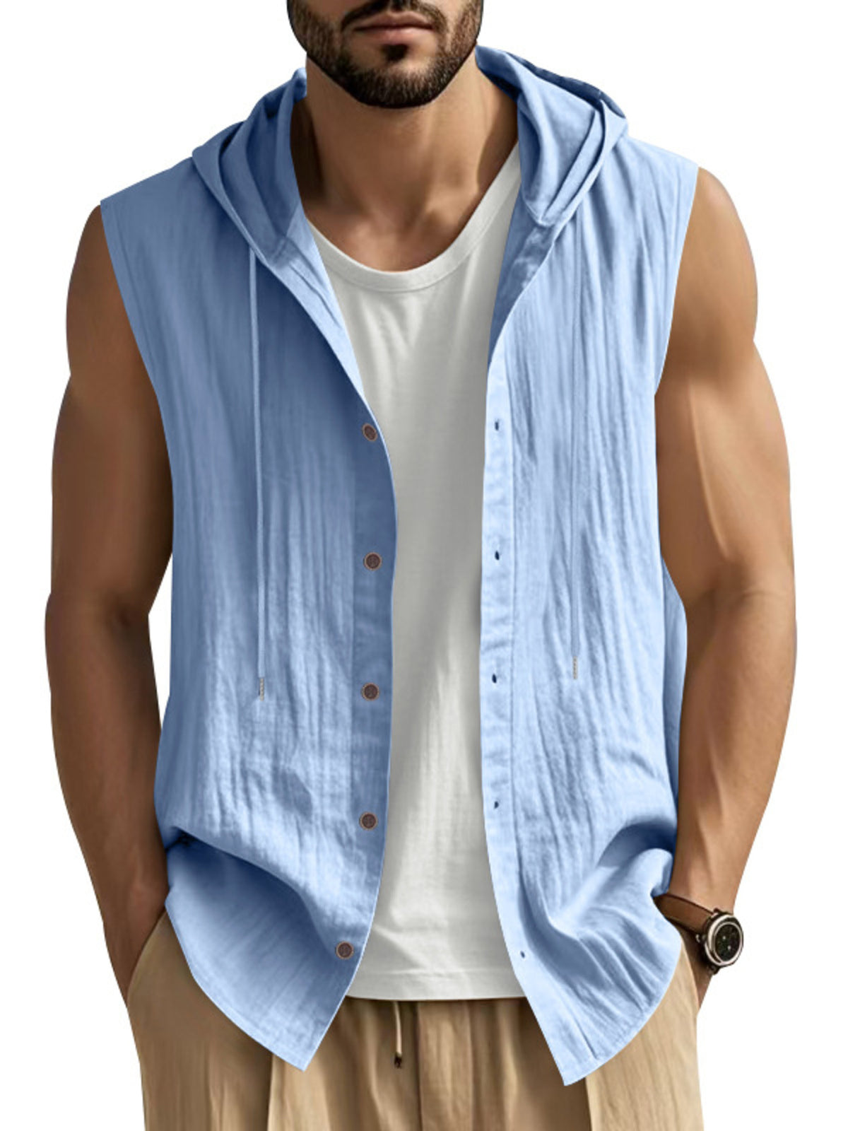 Light blue casual hooded sleeveless men's shirt with button front and drawstring hood