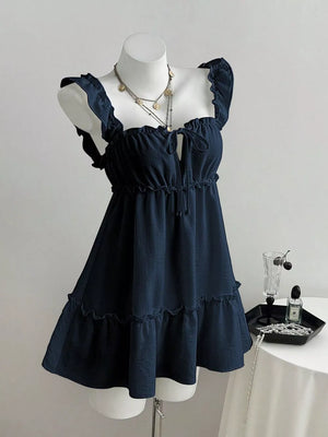 Navy Blue with Ruffled Square Neck Tie-front Mini Dress