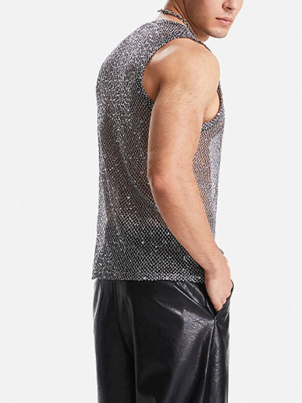 Silver metallic mesh tank top with a crew neck and sleeveless design.