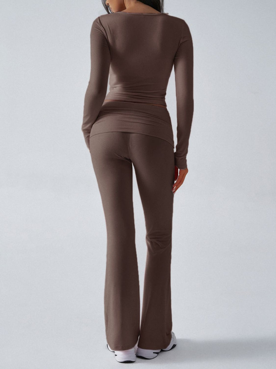 Cross-front long sleeve top and flare lounge pants in Coffee Brown, shown from the back.