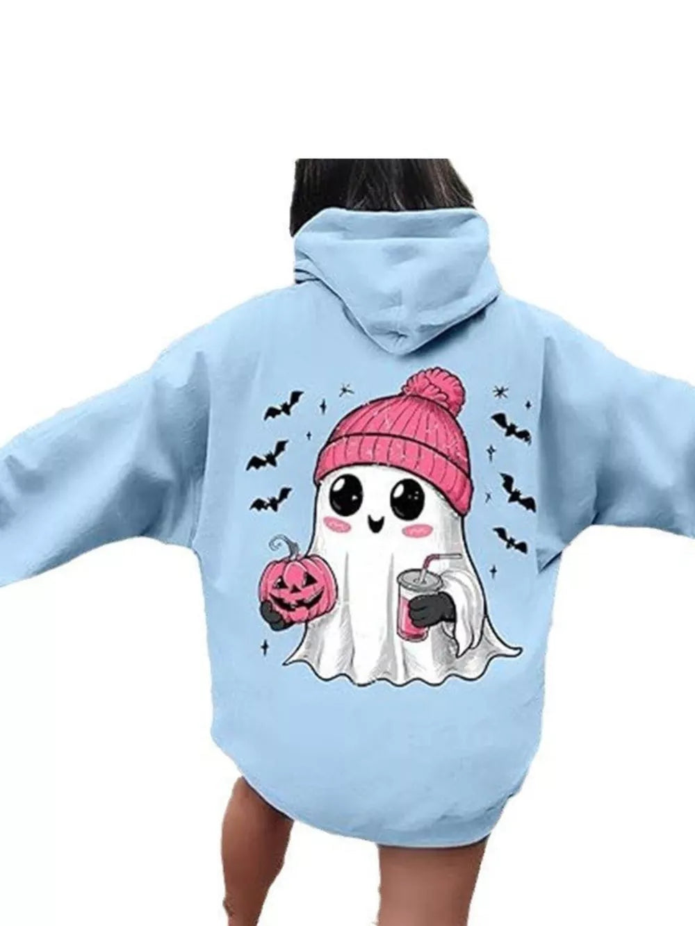 pullover hoodie in Light Blue with drawstring and hip-length