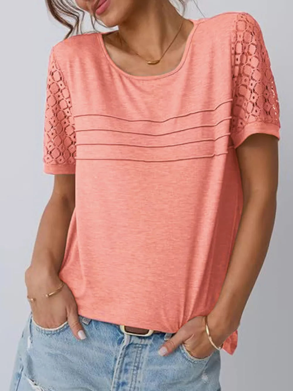 Tan t-shirt featuring lace and geometric