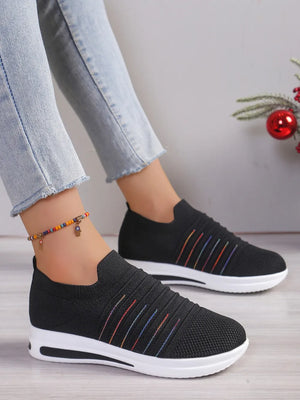 Black knit slip-on wedge sneakers with rainbow stripe detail