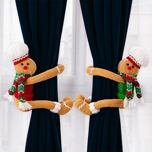 Gingerbread man curtain tiebacks in red and green, with knit details and white trim.