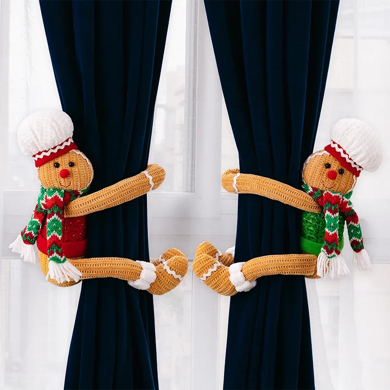 Gingerbread man curtain tiebacks in red and green, with knit details and white trim.