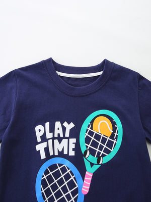 Navy cotton tee with playful tennis graphic and "PLAY TIME" text.