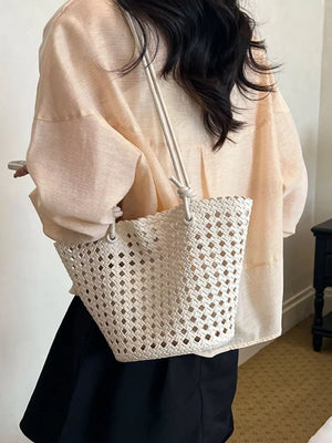Woven Leather Shoulder Bag in Mustard with woven texture