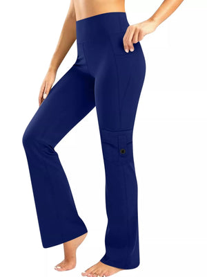 Blue pocketed high-waisted yoga pants with flared leg and cargo pocket detail.