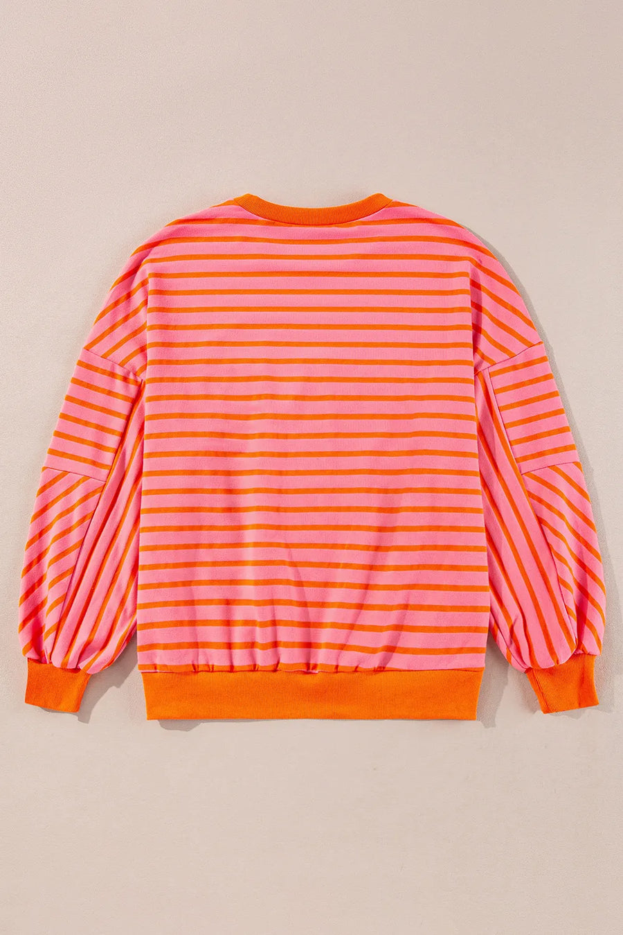 Chevron-Inset Stripe Sweatshirt in pink and orange horizontal stripes with balloon sleeves.