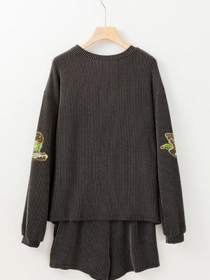 Dark gray ribbed loungewear set with sequin patches on sleeves.
