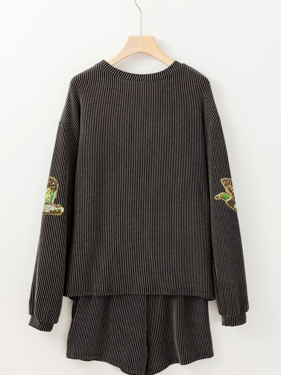 Dark gray ribbed loungewear set with sequin patches on sleeves.