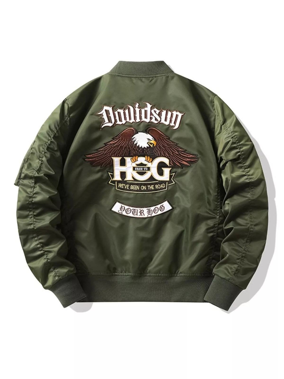Army green embroidered bomber jacket with eagle and text graphics on back.