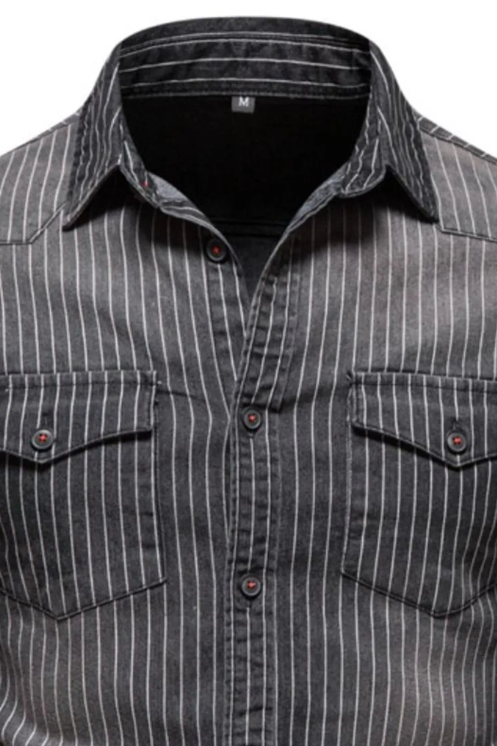 Black vertical stripe denim western shirt with buttoned pockets and collar.