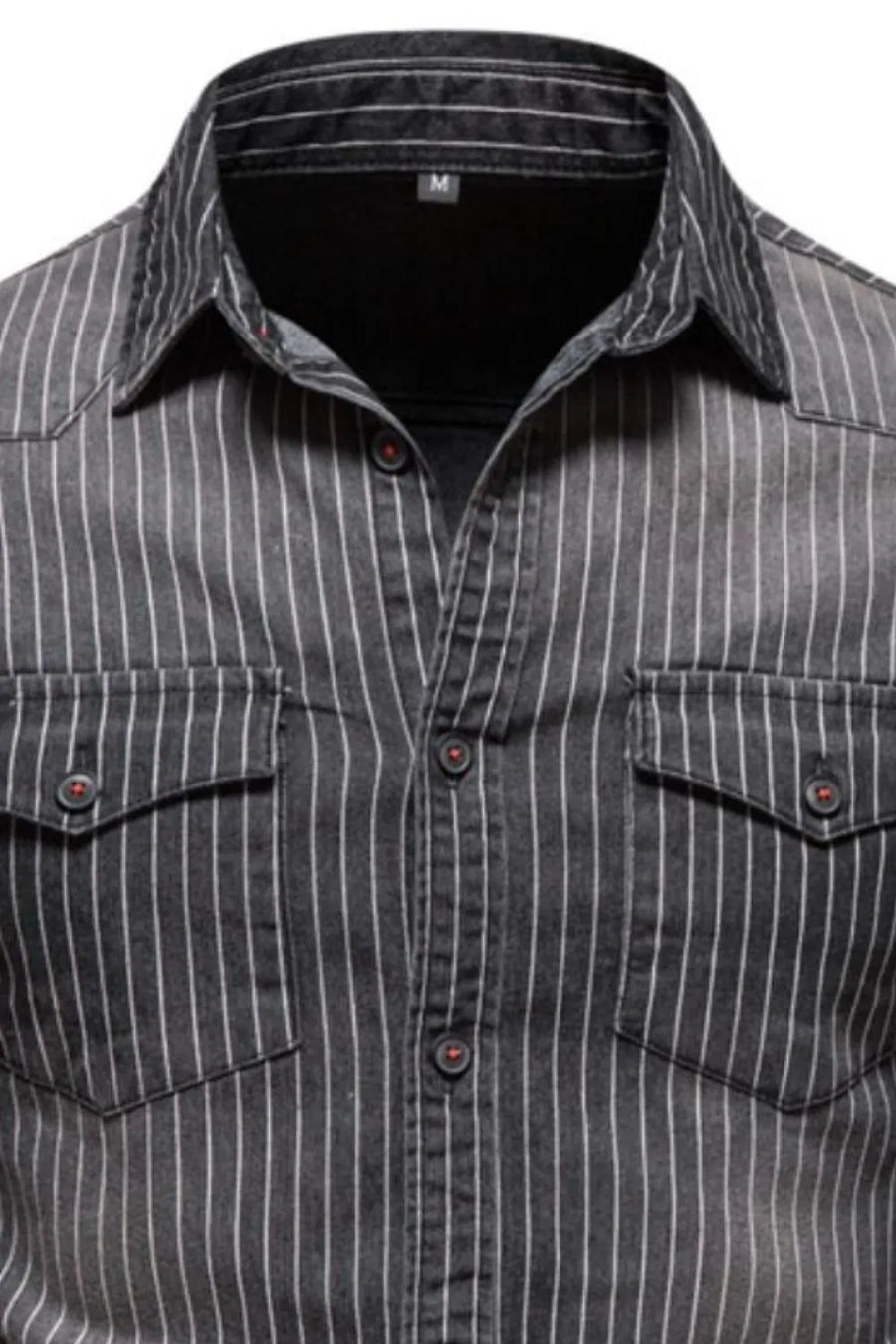 Black vertical stripe denim western shirt with buttoned pockets and collar.