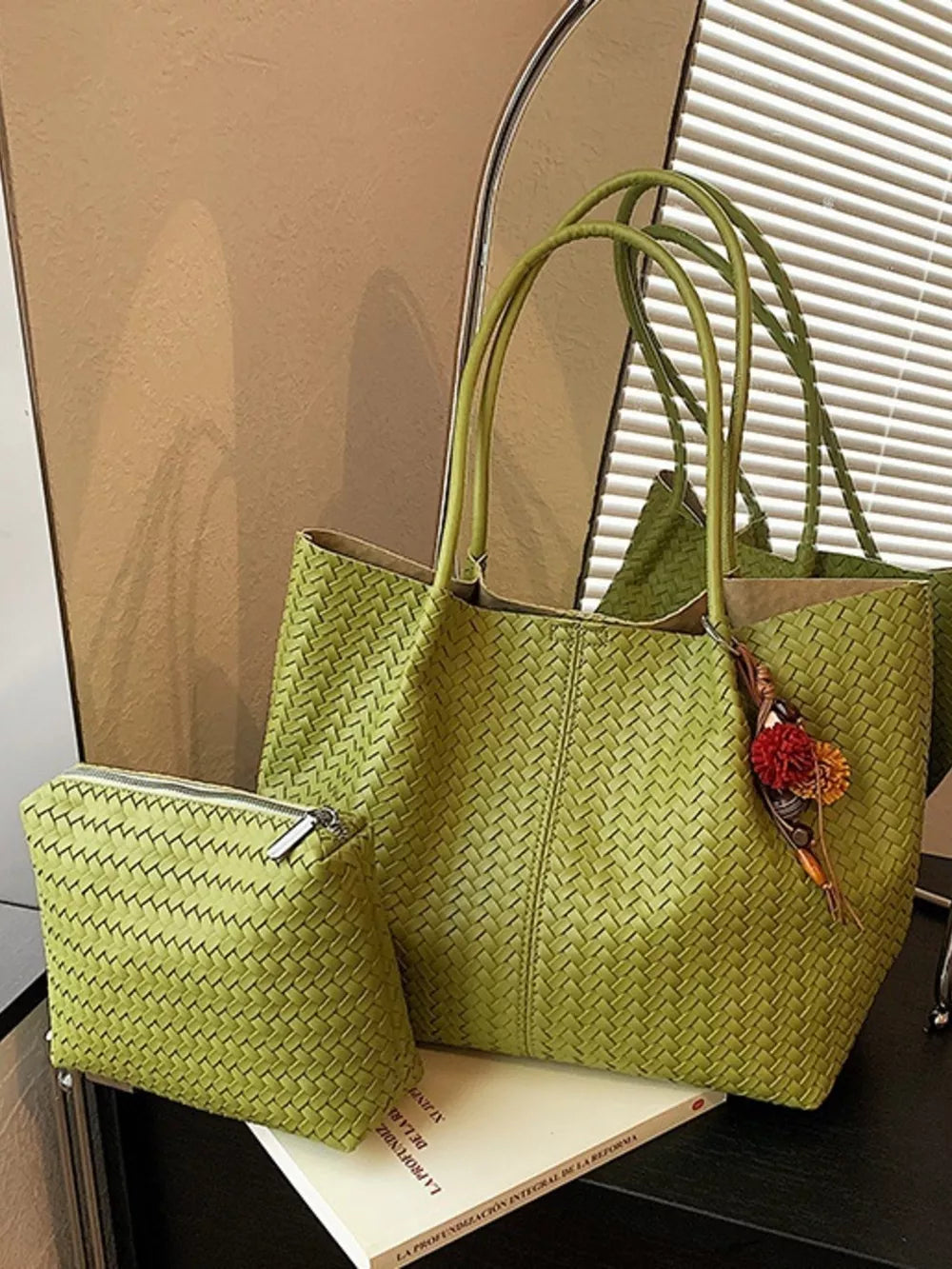 tote in lime green featuring woven texture and boxy fit