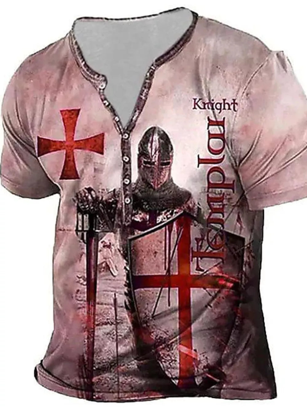 Men's Knightly graphic t-shirt in dusty pink with a Templar knight design and buttoned neckline.