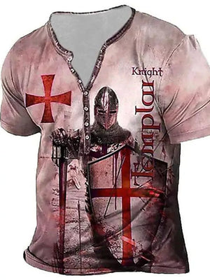Men's Knightly graphic t-shirt in dusty pink with a Templar knight design and buttoned neckline.