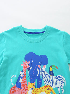 Toddler boys' teal cotton tee with jungle animal print and blue trim neckline.