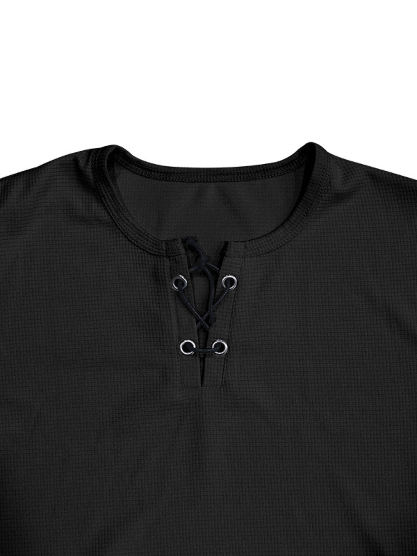 Black cotton t-shirt with lace-up V-neck detail and grommets.