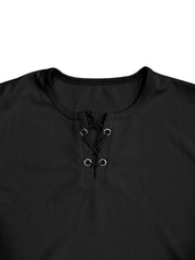 Black cotton t-shirt with lace-up V-neck detail and grommets.