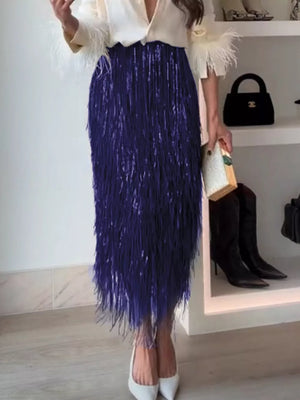 Blue sequin fringe midi skirt with a matching top.