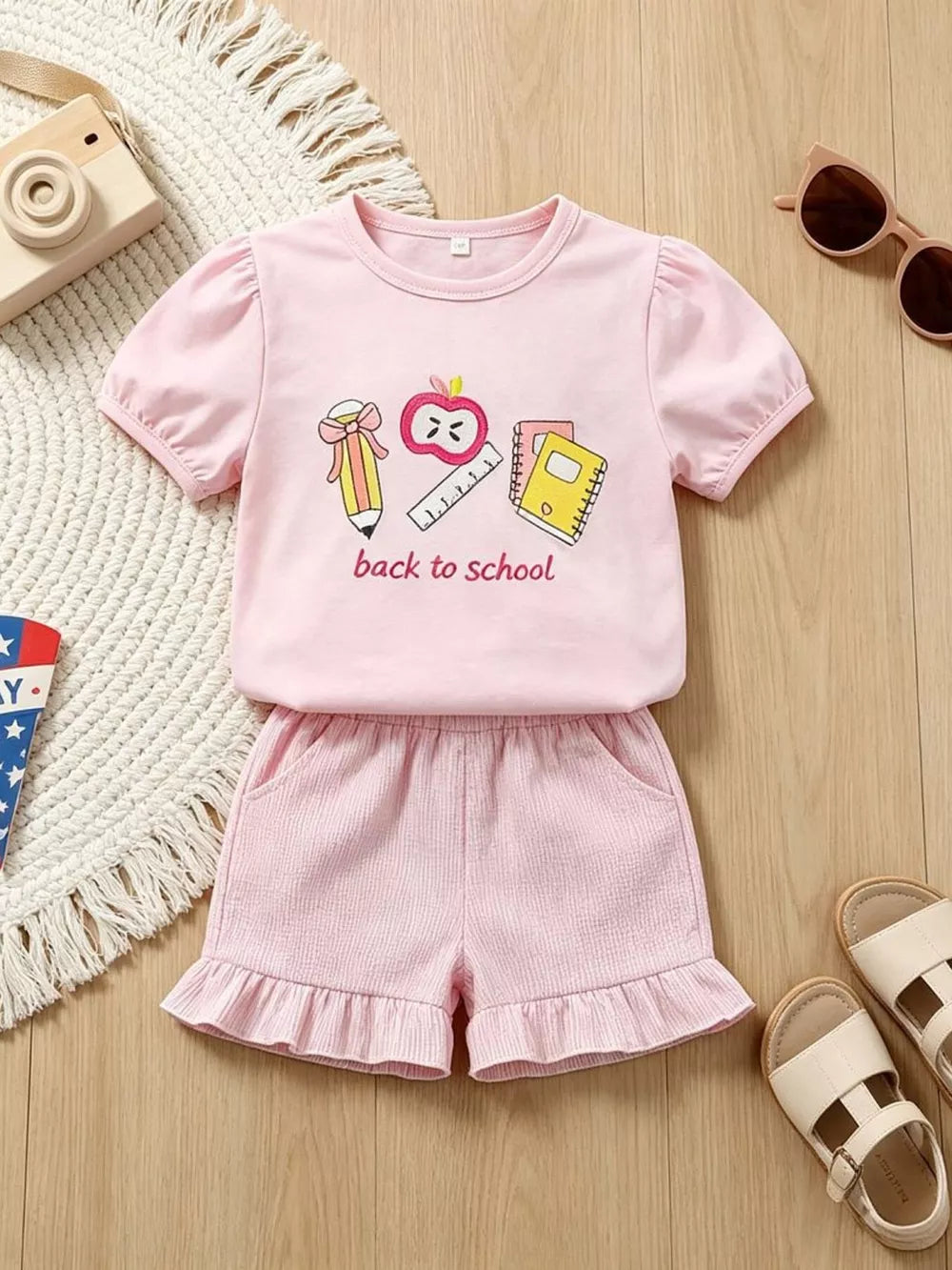 Pink Children's Graphic Round Neck Tee And Shorts Set