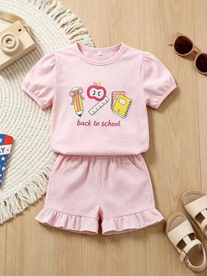 Pink Children's Graphic Round Neck Tee And Shorts Set