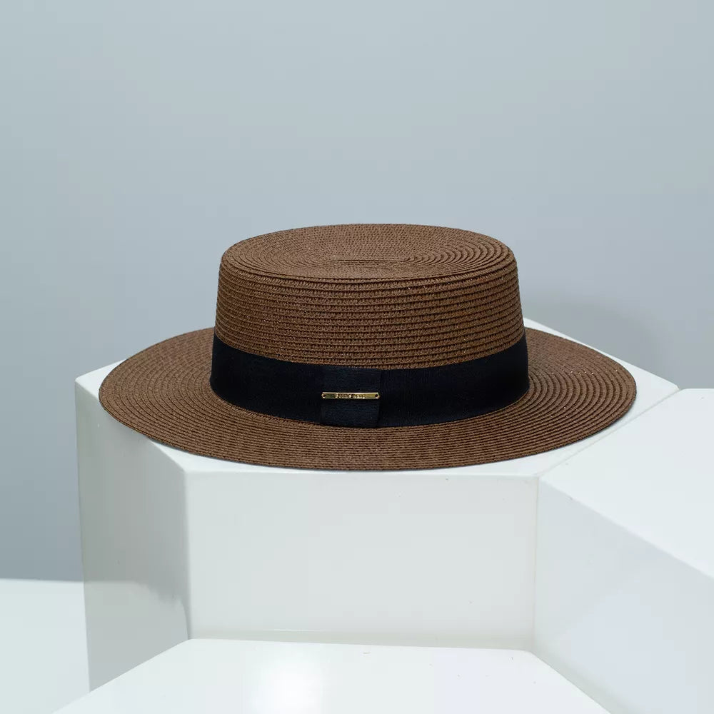Brown straw boater hat with black band and gold accent