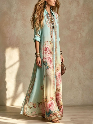 pink shirt dress featuring buttoned and floral