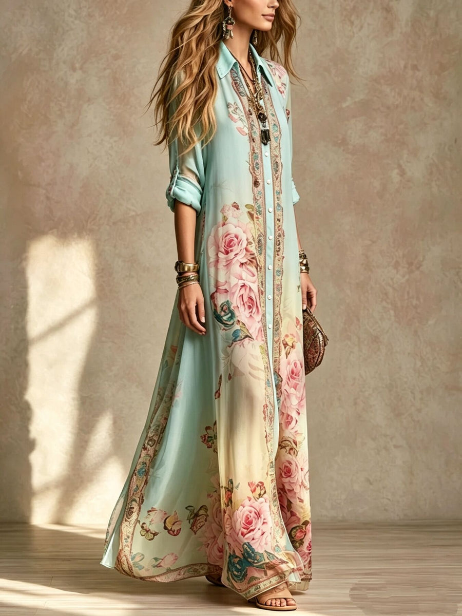 pink shirt dress featuring buttoned and floral