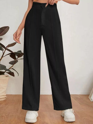 Black high-waisted maternity pants with center seam and wide leg