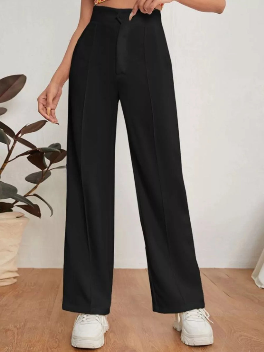 Black high-waisted maternity pants with center seam and wide leg