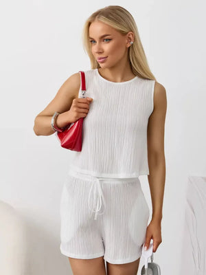 White textured cotton tank and shorts set with drawstring waist