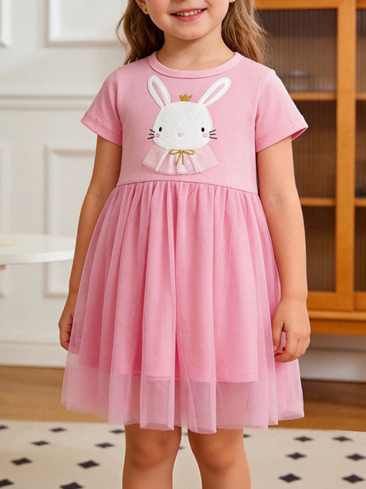Pink cotton dress with bunny appliqué and tulle skirt