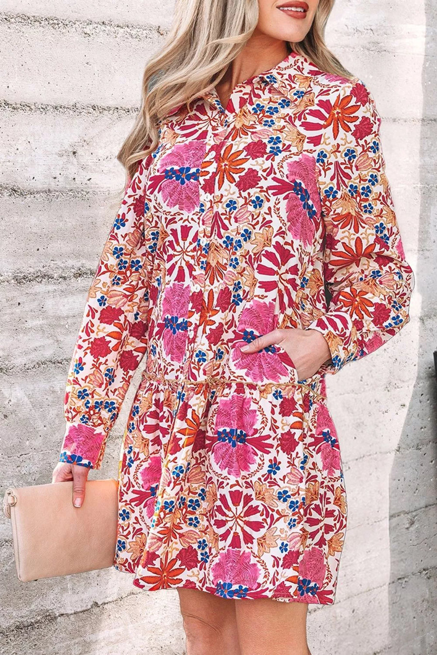 Fall Flower Print Long Sleeve Mini Dress option 5