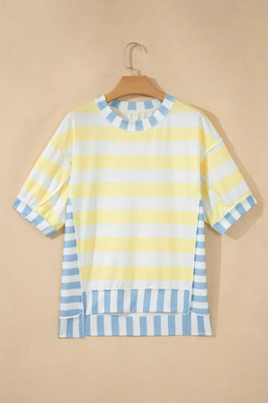 Striped t-shirt with yellow, white, and blue horizontal stripes and a crew neck.