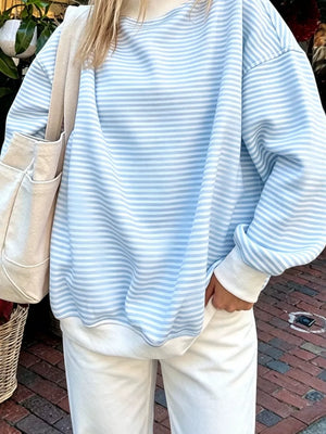 light blue sweatshirt with striped and crew neck