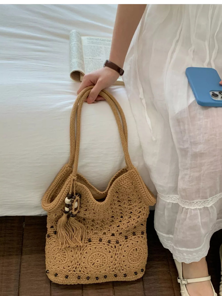 Brown with Knit Crochet Handbag in Brown