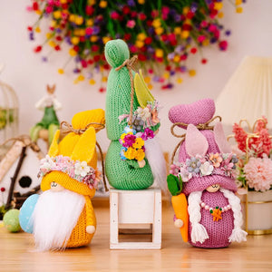 Easter gnomes in pink, yellow, and green with bunny ears and floral accents.