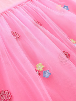 Pink tulle toddler dress with embroidered flowers and butterflies.