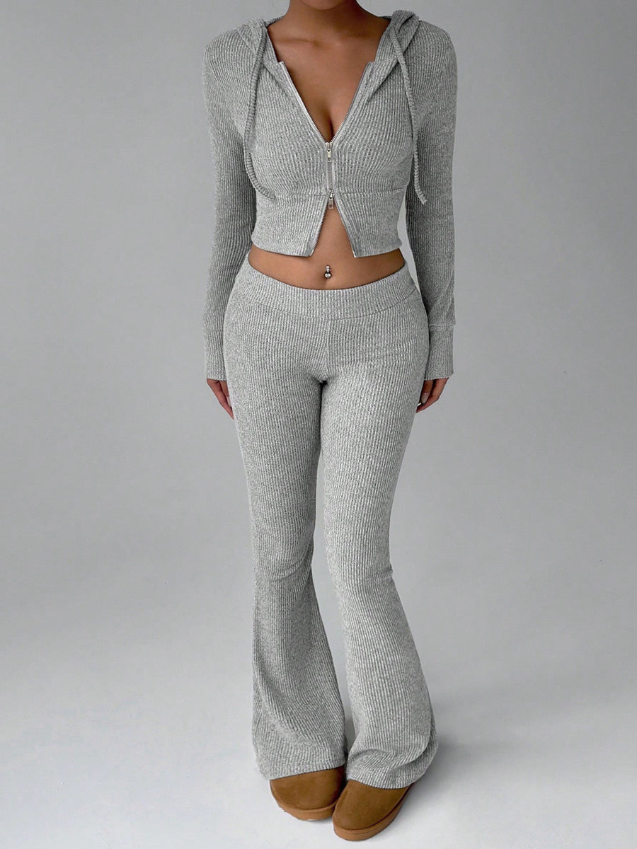 light grey lounge set with ribbed and hooded