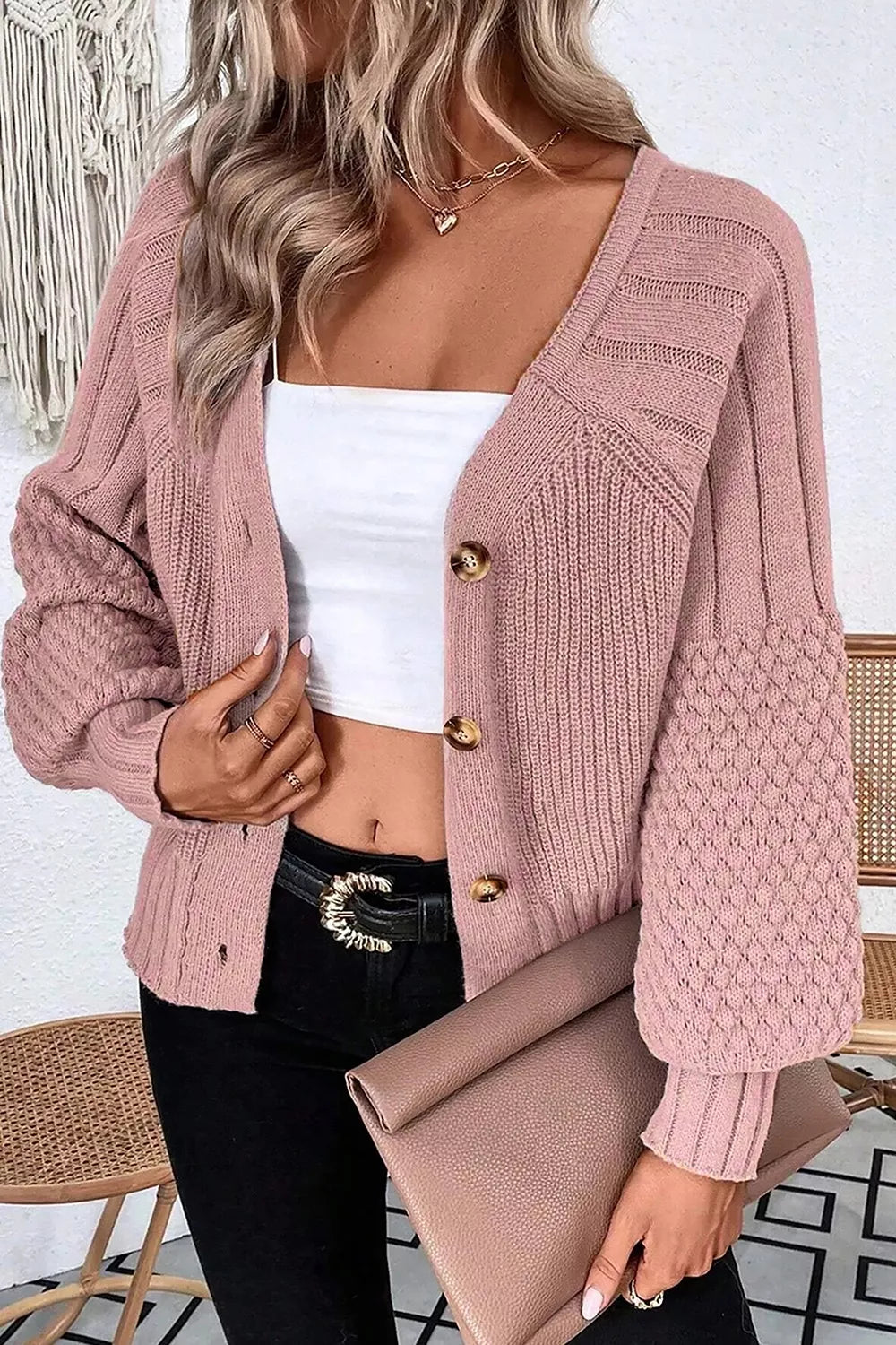blush pink cardigan with ribbed knit and v-neck