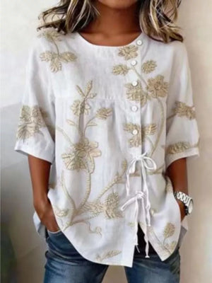 Embroidered Floral Tie Front Shirt Plus Size in Blue