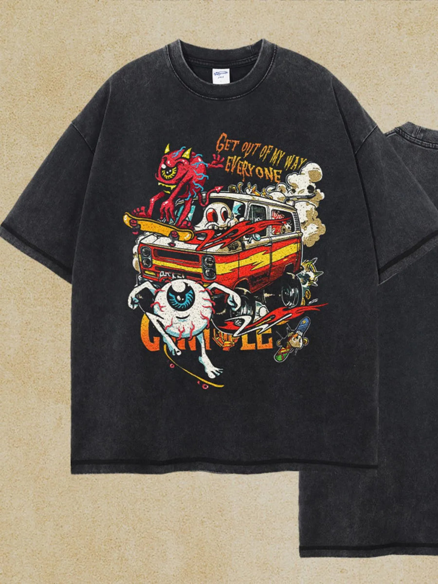 Black acid wash graphic tee with cartoon print and text Get Out Of My Way Everyone