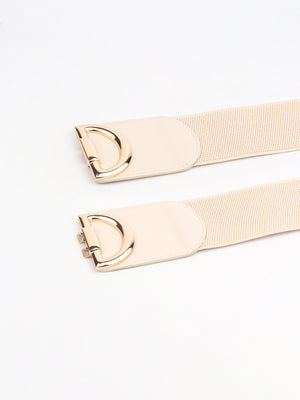 Cream elastic belt with double D gold buckle detail